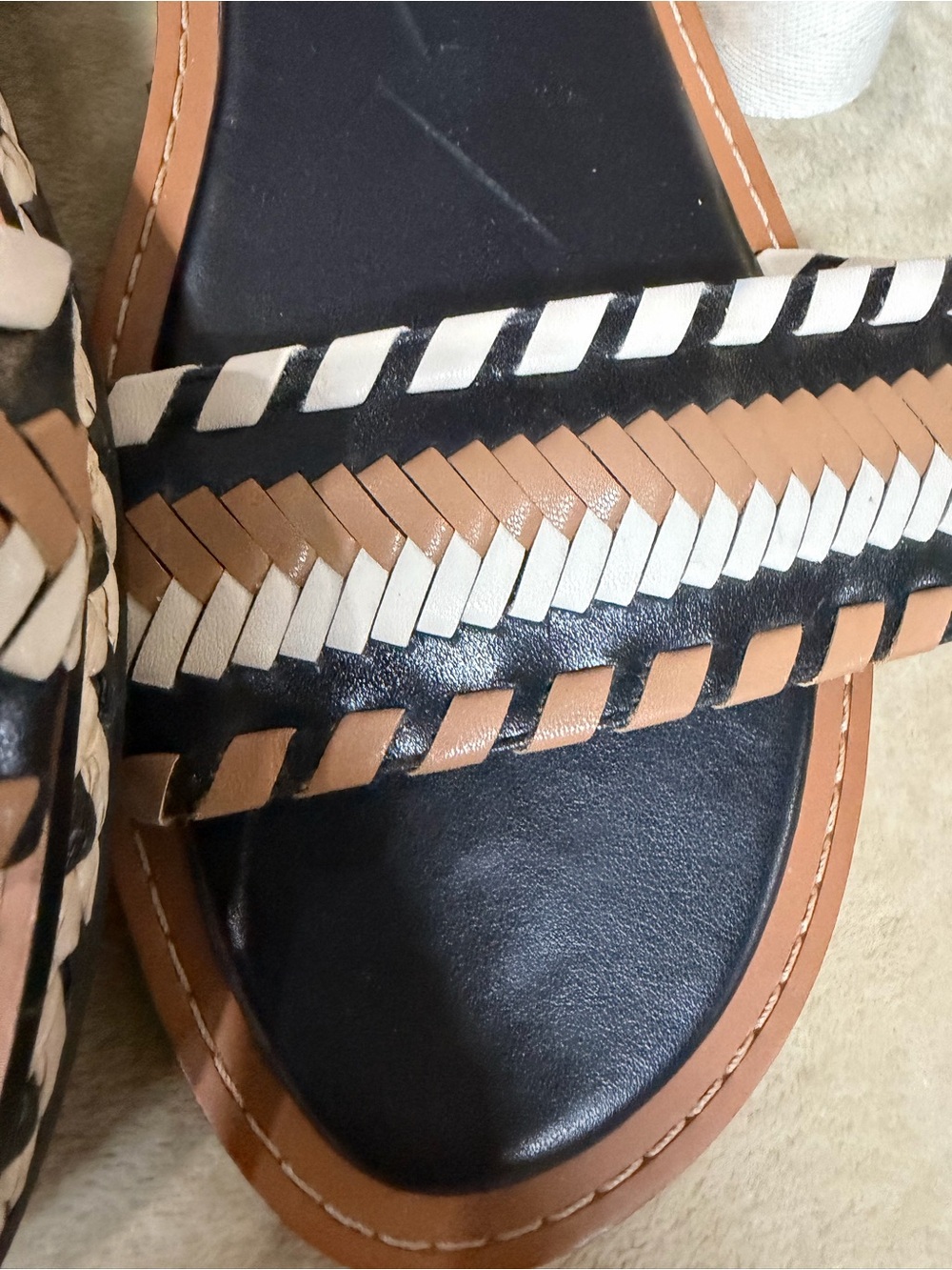 Vince Camuto Women's Black and Tan Braided Strap Sandals with Cream Ankle Ties - Picture 16 of 16